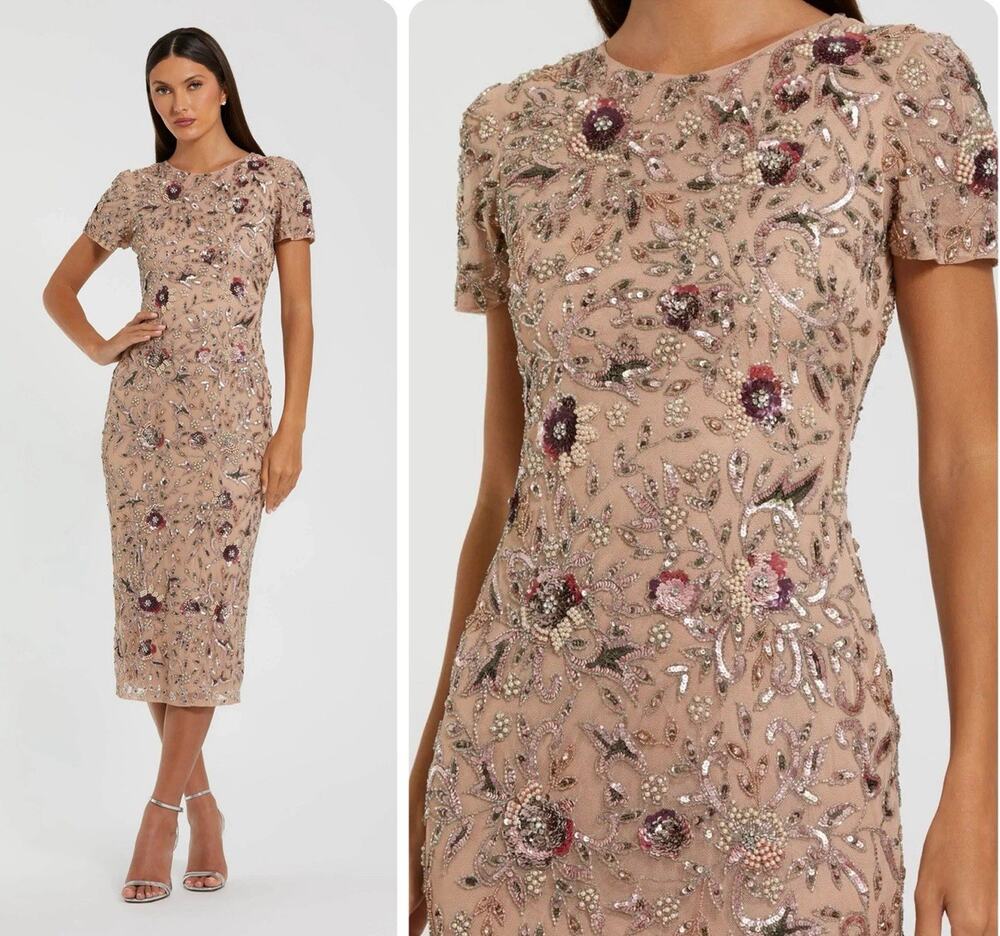 MAC DUGGAL Beige Floral Embellished Short Sleeve Midi Dress Size 10 NWT 10102